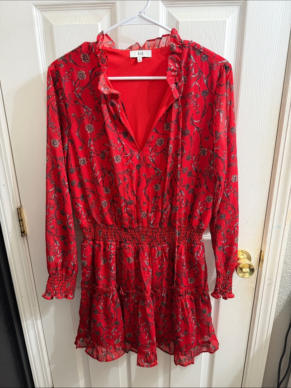 NSR Red Floral Long Sleeve Smocked Waist Ruffle Mini Dress